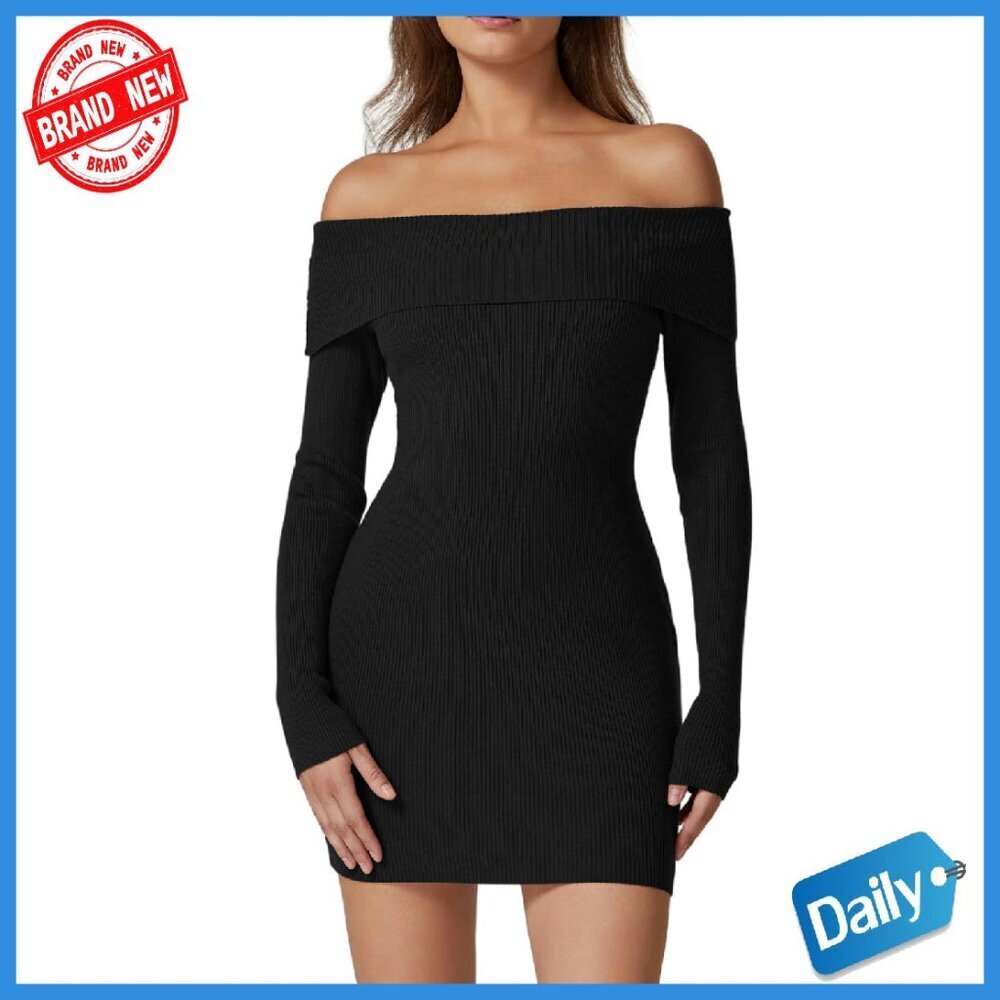 Off Shoulder Ribbed Knit Sweater Dress Long Sleeve Mini Bodycon